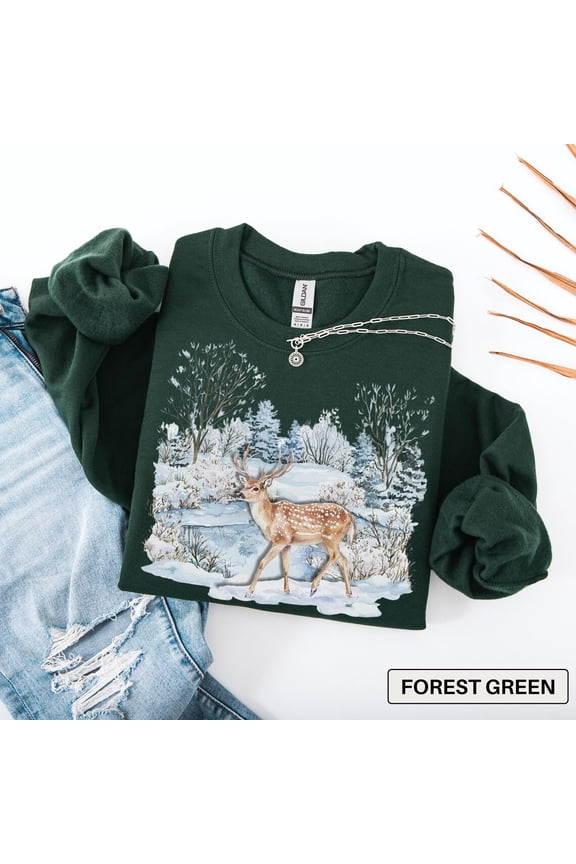 Winter Deer Sweatshirt, Snowy Forest Lake Scene Sweater, Cozy Nature Sweatshirt, Rustic Cabin Winter Shirt, Wildlife Gift, Deer Crewneck Sweatshirt All Size S-5XL