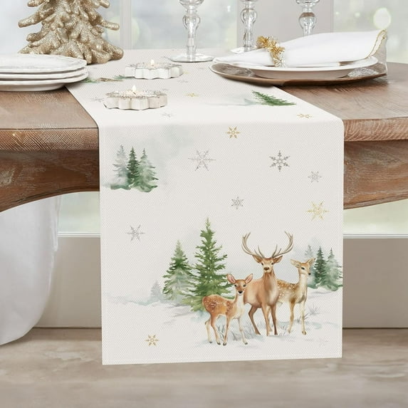 Winter Deer Trees Table Runner 13x72 Inch Snowflake Christmas Winter Holiday Kitchen Dining Table Decoration for Indoor Outdoor Home Party Decor