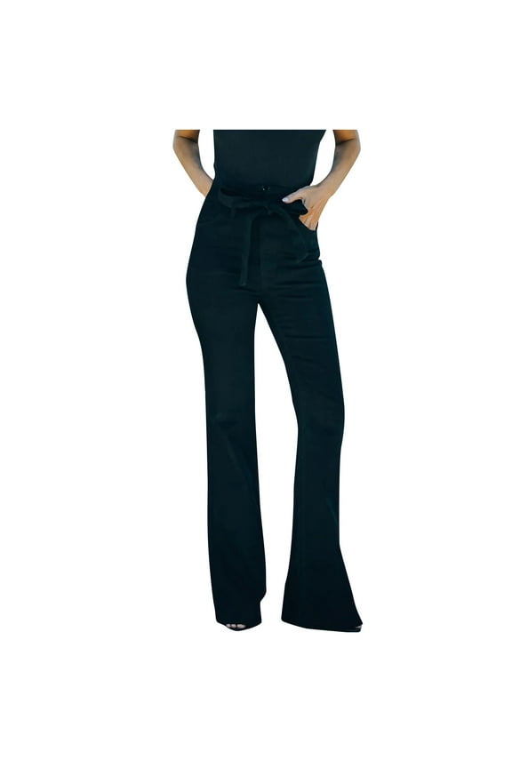 Winter Denim Bell Bottom Pants for Women Solid Color Tie High Waist Flare Leg Jeans with Pockets Slim-Fit Ankle Length Trousers