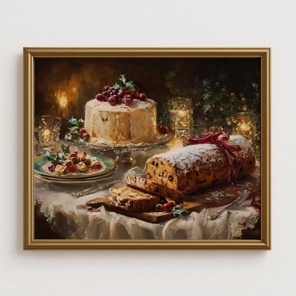 Winter Dessert Still Life Wall Art, Cake And Stollen, Festive Kitchen , Cozy Candlelit Winter Décor Home Decor #963, Unframed Poster Size 8x12