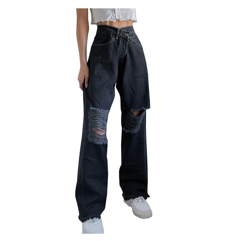 Loose Ankle Distressed Jeans Winter Distressed Denim Pants For