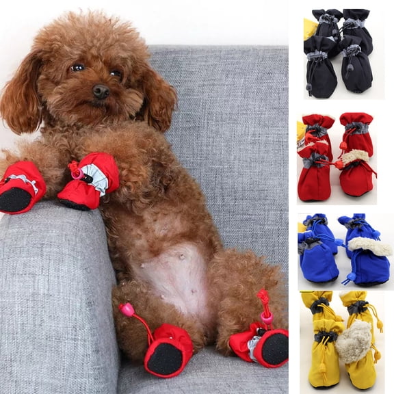 Winter Dog Boots with Fleece Lining • Reflective Tape • Non-Slip Soles • Drawstring Closure • Breathable, Lightweight Warm Pet Shoes Set of 4 for Small Medium Dogs