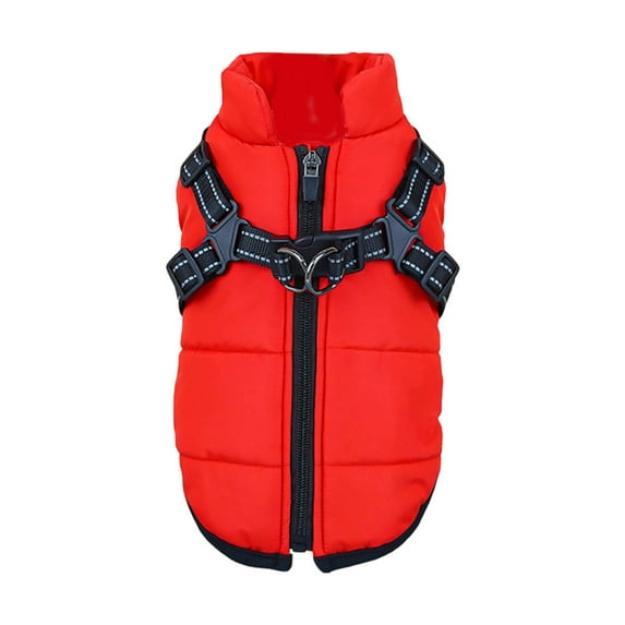Winter Dog Coat With Harness Built In Waterproof Dog Jackets Warm Pet Fleece Vest Windproof Snow Jacket Snowsuit Reflective Dogs Cold Weather Coats(Red L-62Cm)