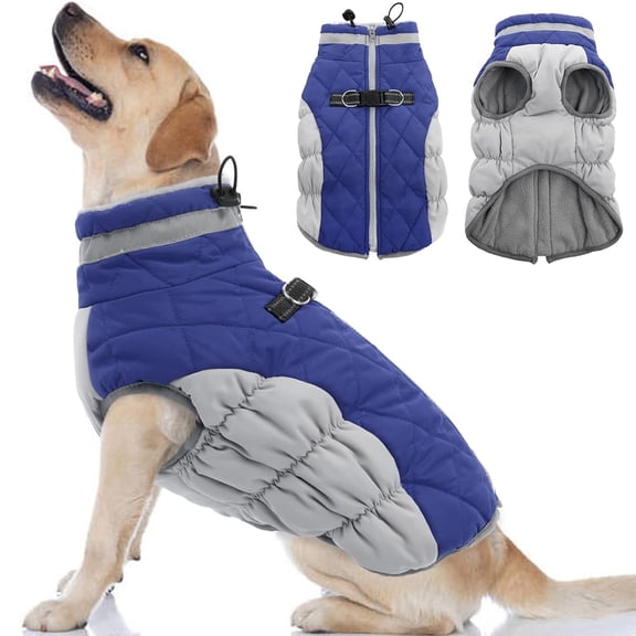 Winter Dog Coats, Fleece Dog Vest with Harness Built in, Dog Cold Weather Snowsuit, Dog Winter Puffer Jacket Windproof (Blue) - XL