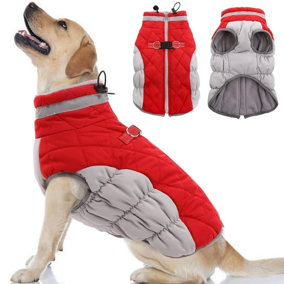 Winter Dog Coats, Fleece Dog Vest with Harness Built in, Dog Cold Weather Snowsuit, Dog Winter Puffer Jacket Windproof (Red) - XXL