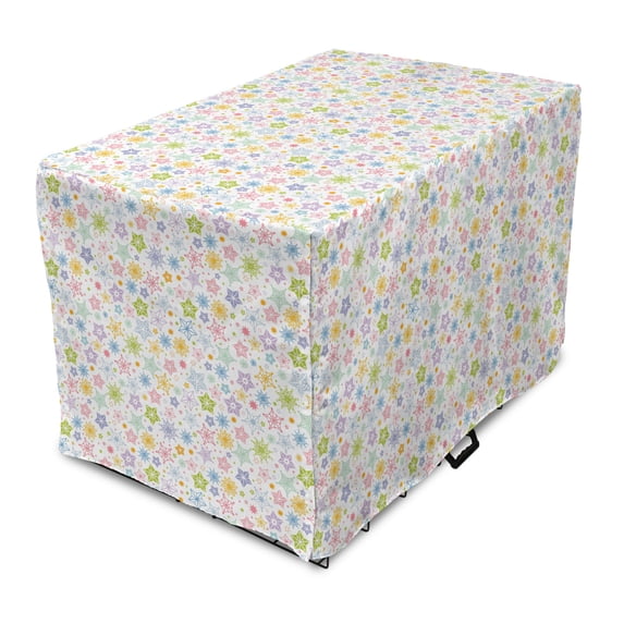 Winter Dog Crate Cover, Colorful New Year Celebration Snowflakes Star Forms Merry Ornaments Illustration, Easy to Use Pet Kennel Cover for Medium Large Dogs, 35" x 23" x 27", Multicolor, by Ambesonne