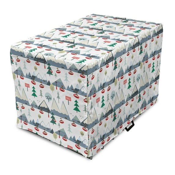 Winter Dog Crate Cover, Snow Capped Mountains Trees and Elevators Ski Resort Setting, Easy to Use Pet Kennel Cover Small Dogs Puppies Kittens, 7 Sizes, Blue Grey Dark Pink, by Ambesonne