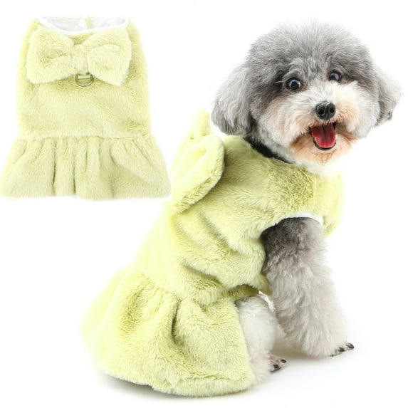 Winter Dog Dresses With Leash Ring For Small Female Puppies Warm Fuzzy Bow Knot Sweater Cold Weather Pet Apparel