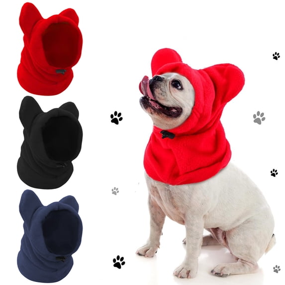 Winter Dog Hat Fleece Pullover | Adjustable Warm Pet Hat for Small & Medium Dogs | Soft Polyester, Solid Black/Red/Blue | Cozy Outdoor Protection, Lightweight, Durable, Cute Embroidery