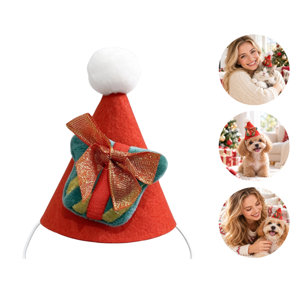 Winter Dog Hat Red Cone Hat With A Small Gift And Plaid Bow To Keep A Festive Pet Looking Merry