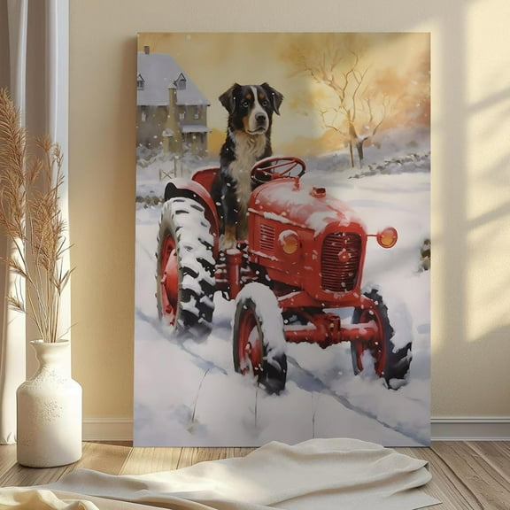 Winter Dog On Tractor Art Rustic Farmhouse Winter Decor Warm Present Vintage UNFRAMED Poster Size 8x12