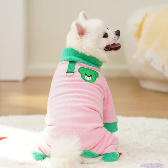 Winter Dog Pajamas, Super Soft Sherpa Lined Bodysuit with Harness Access, Snug and Warm for Small Breeds Like Chihuahuas on Winter Walks. Pink M