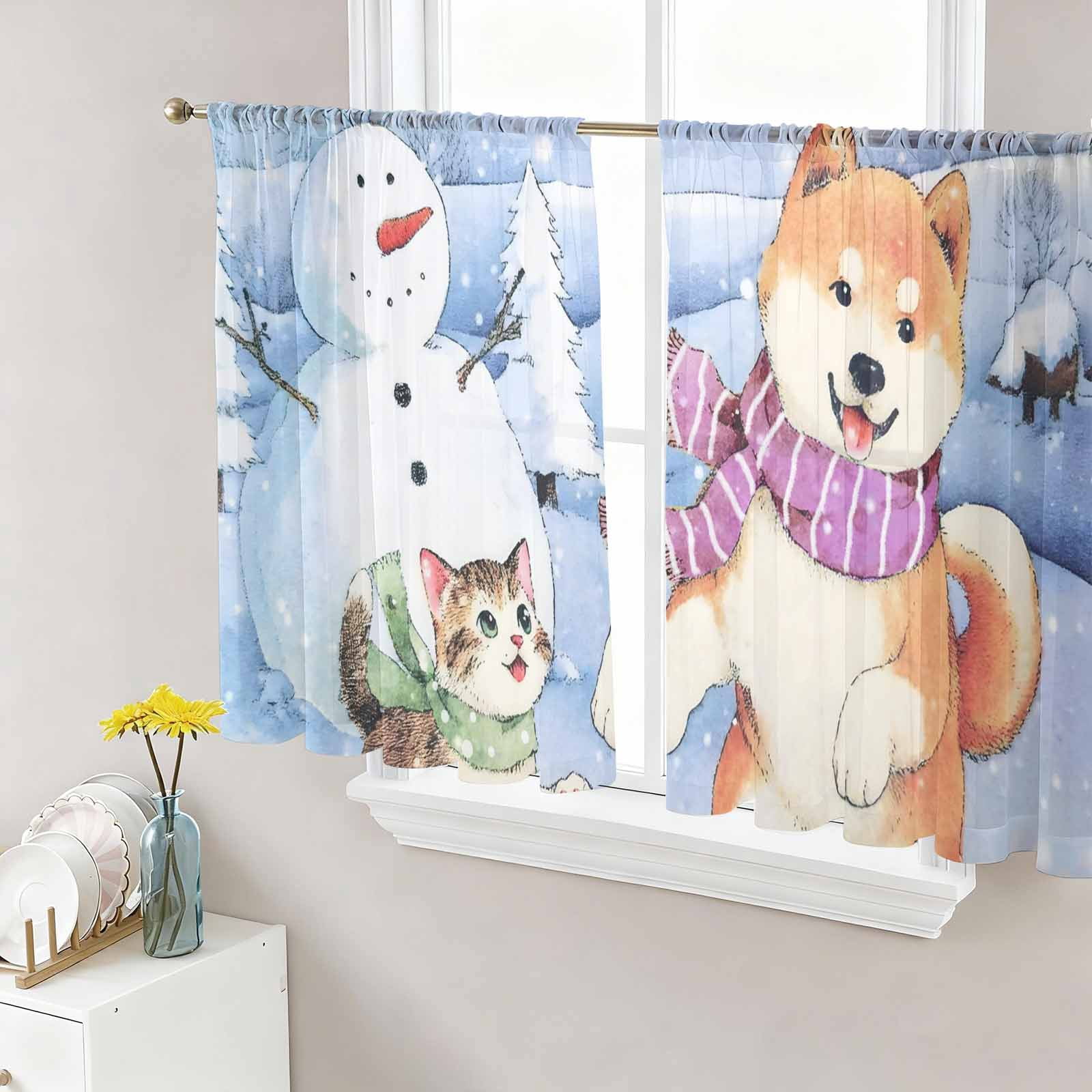 Winter Dog Sheer Curtains 45 Inch Length 2 Panels Set - Light Filtering ...