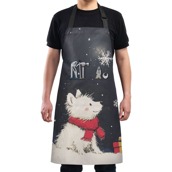 Winter Dog Snowflake Chef Kitchen Apron with Pockets for Women Waterproof Aprons for Cooking Baking