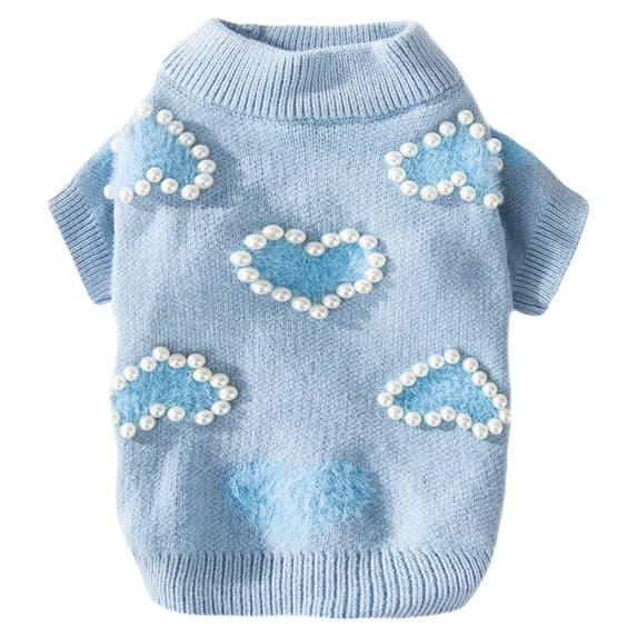 Winter Dog Sweater with Heart Pearl Decoration Knit Shirt Thick Puppy Cute Sweater for Small Dogs,Blue,XL