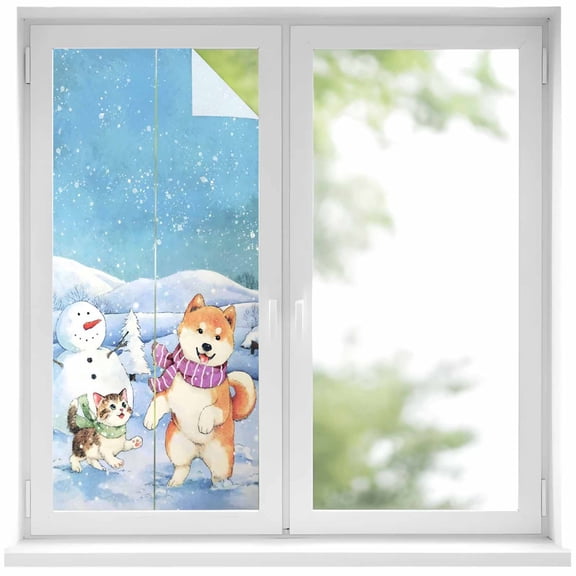Winter Dog Window Privacy Film, Cute Cat Snowman Snowflake Static Cling UV Sun Blocking Heat Control Window Tint Day and Night, Non-Adhesive Reusable One Way Windows Privacy Cover 19.6''x39.3''