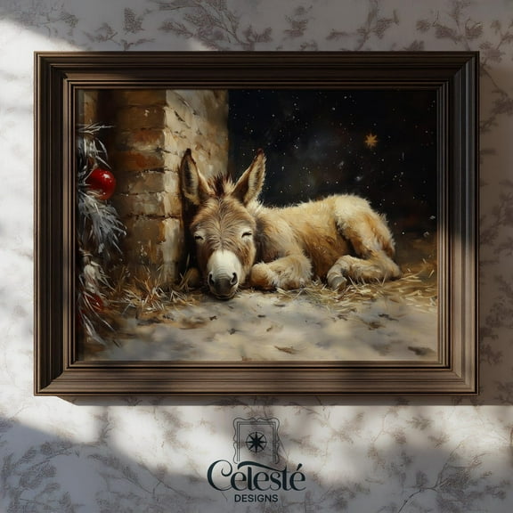 Winter Donkey Nativity Print, Rustic Wall Art, Home Decor #661, 16x24 UNFRAMED