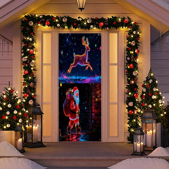 Winter Door Cover Decorations, Christmas Welcome Banner Front Door Covers Hanging Backdrop Xmas Porch Sign Banner Photography Decor for New Year Holiday Home Party Outdoor Indoor Supplies