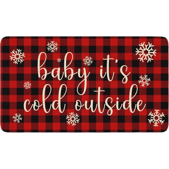 Winter Door Mat Outdoor for Front Door Decorations , Baby Its Cold Outside Red Buffalo Plaid Doormat,Winter Christmas Holiday Welcome Floor Mat Rug Entryway for Porch Farmhouse Decor, 30" x 17"