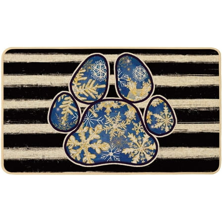 Winter Doormat Dog Paws Welcome Blue Snowflake Decorative Christmas Door Mat Non Slip Rubber Backing Front Rug Indoor Outdoor Entrance Kitchen Floor Decoration 17 x 29 Inch