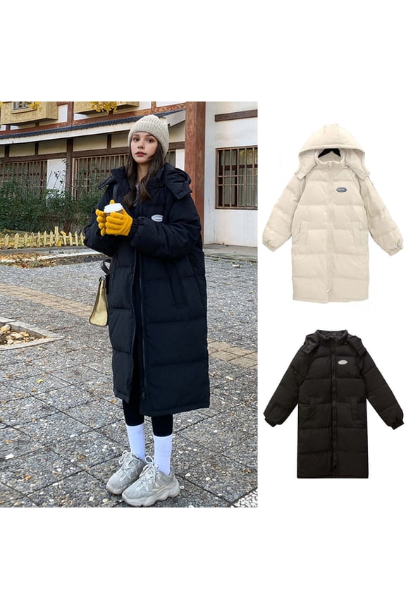 Winter Down Coat - Thickened Padded Hooded Stand Collar Over Knee Length Pockets Zipper Closure Windproof Heat Retention Warm Daily Cold Weather