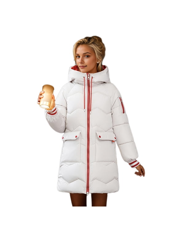 Winter Down Coat Thickened Padded Plush Hood Big Pockets Mid Length Windproof Long Sleeves Heat Retention Warm Daily Outwear Cotton Jacket