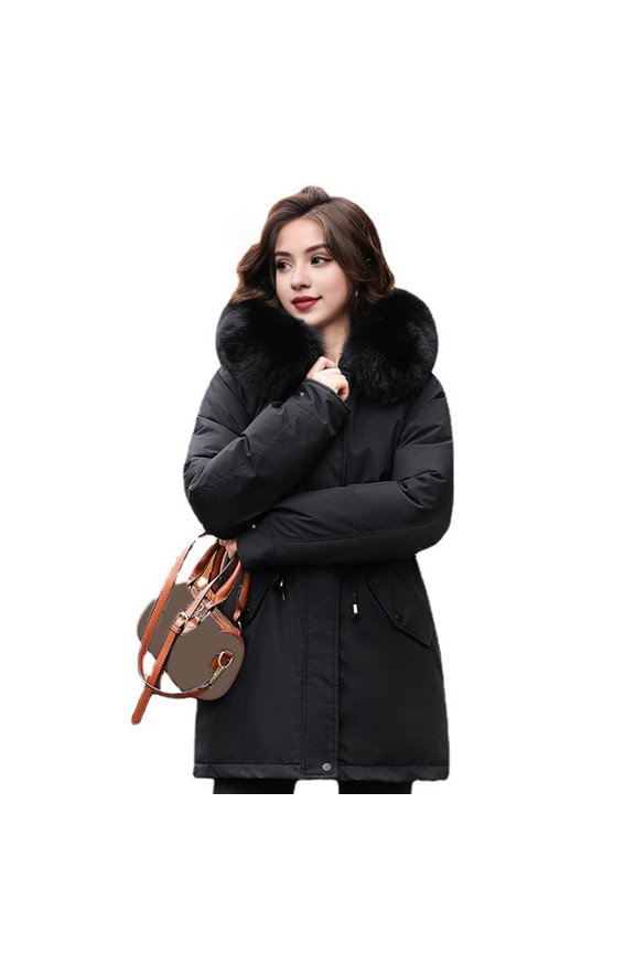 Winter Down Coat Thickened Padded Plush Hood Mid Length Windproof Pockets Long Sleeves Adjustable Drawstring Daily Outwear Cotton Jacket
