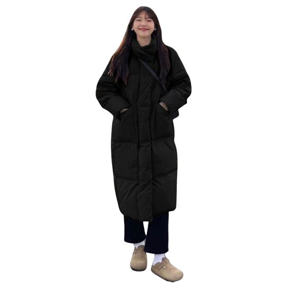 Winter Down Coat Thickened Padded Stand Collar Neck Knee Length Pockets Zipper Closure Windproof Heat Retention Daily Cold Weather Outwear Cotton Jack