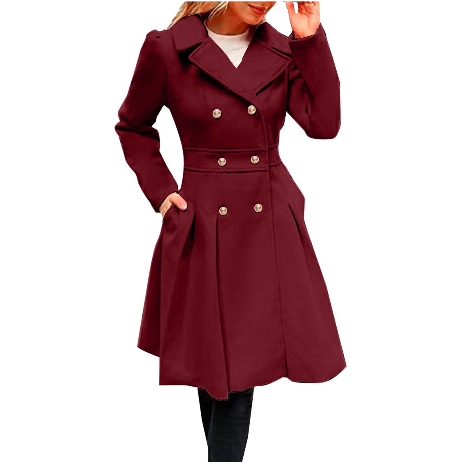 burgundy dress coat womens Burgundy long dress wool coat 1977#Red / S