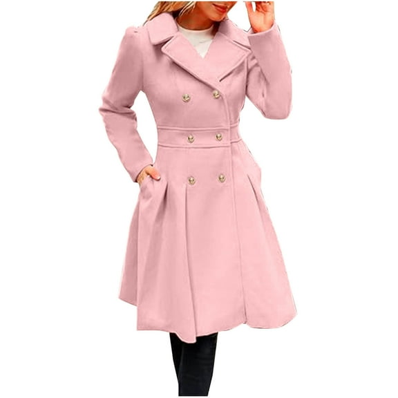 Winter Dress Coat Button Peacoat Notch Lapel Double Breasted Outerwear with Pockets Long Winter Trench Coat Long Hoodies for Women S-30 Pink-a L