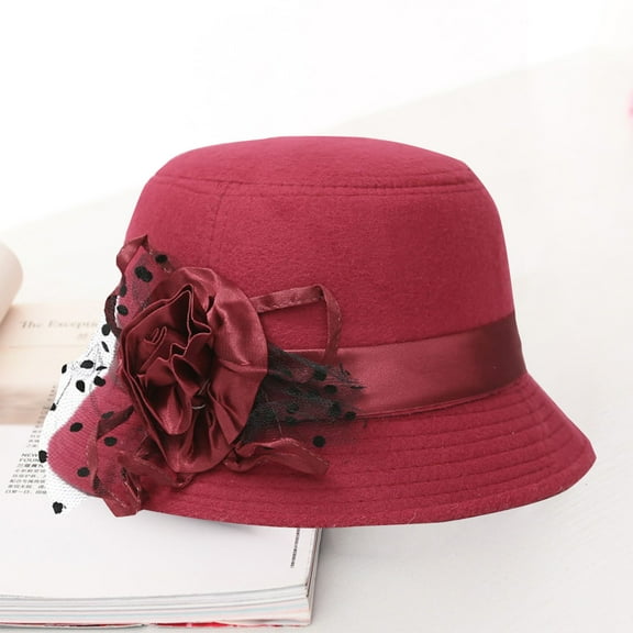 Winter Dress Hat by Baberdicy, Women's Solid Color Woolen Cloche Hat, Vintage Wide Brim Bowler Hat with Flower Decoration, Elegant British Retro Style for Fall, Winter And Formal Occasions