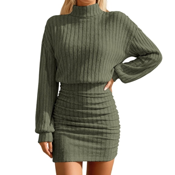 Winter Dress For Women Christmas Sweater Dress Elegant Knit Sweater Dress High Neck Slim Fit Ribbed Tunic Long Sleeve Bodycon Pullover Casual Winter Outfit Comfortable Stretchy Soft
