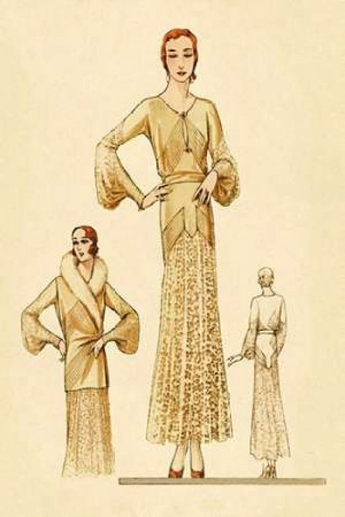 Winter Dress and Overcoat in Yellow Canvas Art - Vintage Fashion (12 x 18)