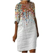 NAMANYLE Winter Dresses for Women 2022 Womens 3/4 Sleeves Dresses Fashion Flowers Printed Waist Sundress V-Neck Knee-length Dress Black Dresses for Women Formal Dresses for Women