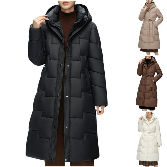 Winter Dresses for Women 2025 Puffer Jacket Womens Fall And Winter Wave Seam Hooded Cotton Coat Mid-length Knee-length Cotton Coat Long-sleeved Cotton Coat