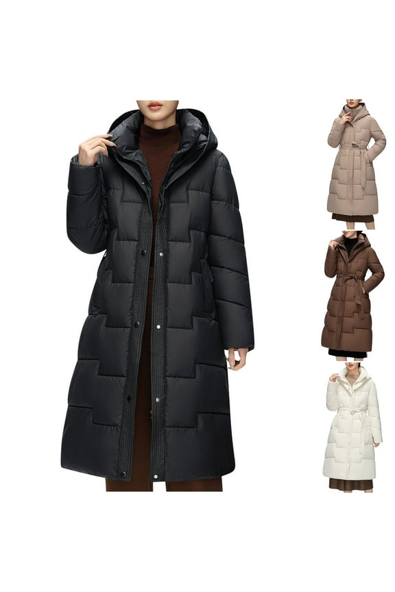 Winter Dresses for Women 2025 Puffer Jacket Womens Fall And Winter Wave Seam Hooded Cotton Coat Mid-length Knee-length Cotton Coat Long-sleeved Cotton Coat