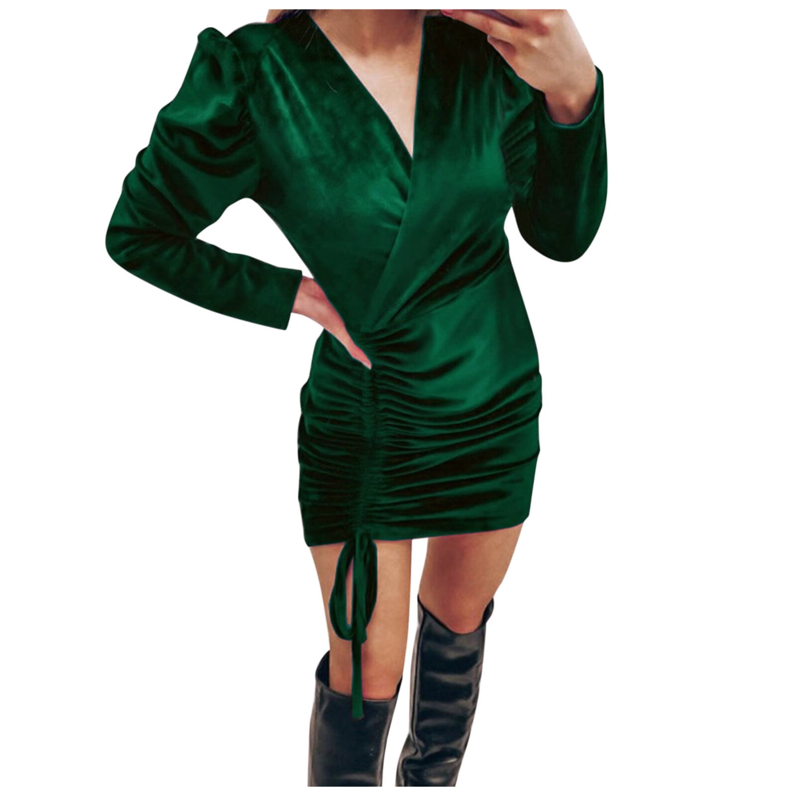 Winter Dresses for Women 2022 Ladies Solid Color Velvet Puff Sleeve VNeck Drawstring Hip Dress