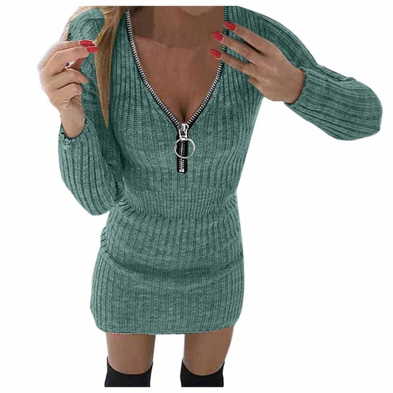 Winter Dresses for Women 2022 Women Casual Solid Knit Dress Zipper V Neck Long Sleeve Mini Slim Pullover Dress Winter Dress Polyester Green S