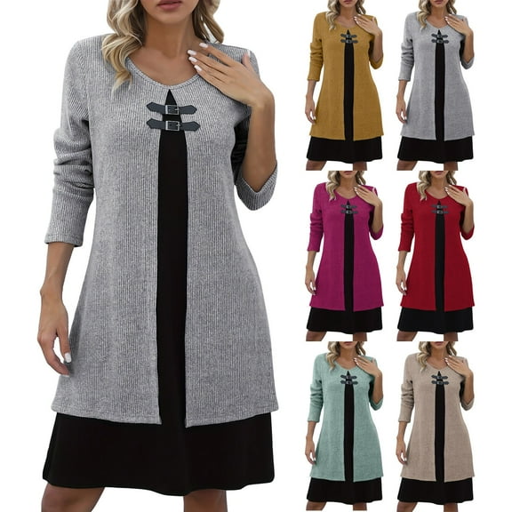 Winter Dresses for Women 2025 Cardigan Sweaters for Women Winter Long Sleeved Fake Two-piece Buttoned Dress Sweater