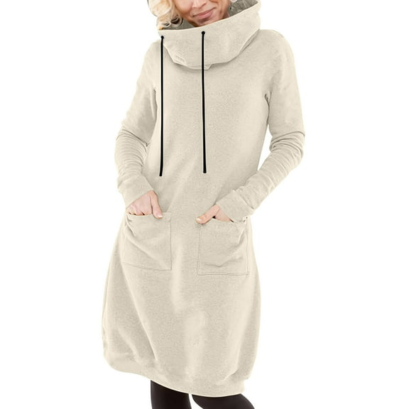 Winter Dresses for Women Casual Dresses Long Sleeve Hooded Short Dress with Drawstring Loose Fit Midi Dresses Fall Winter
