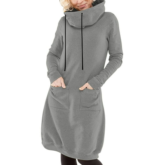 Winter Dresses for Women Casual Dresses Long Sleeve Hooded Short Dress with Drawstring Loose Fit Midi Dresses Fall Winter