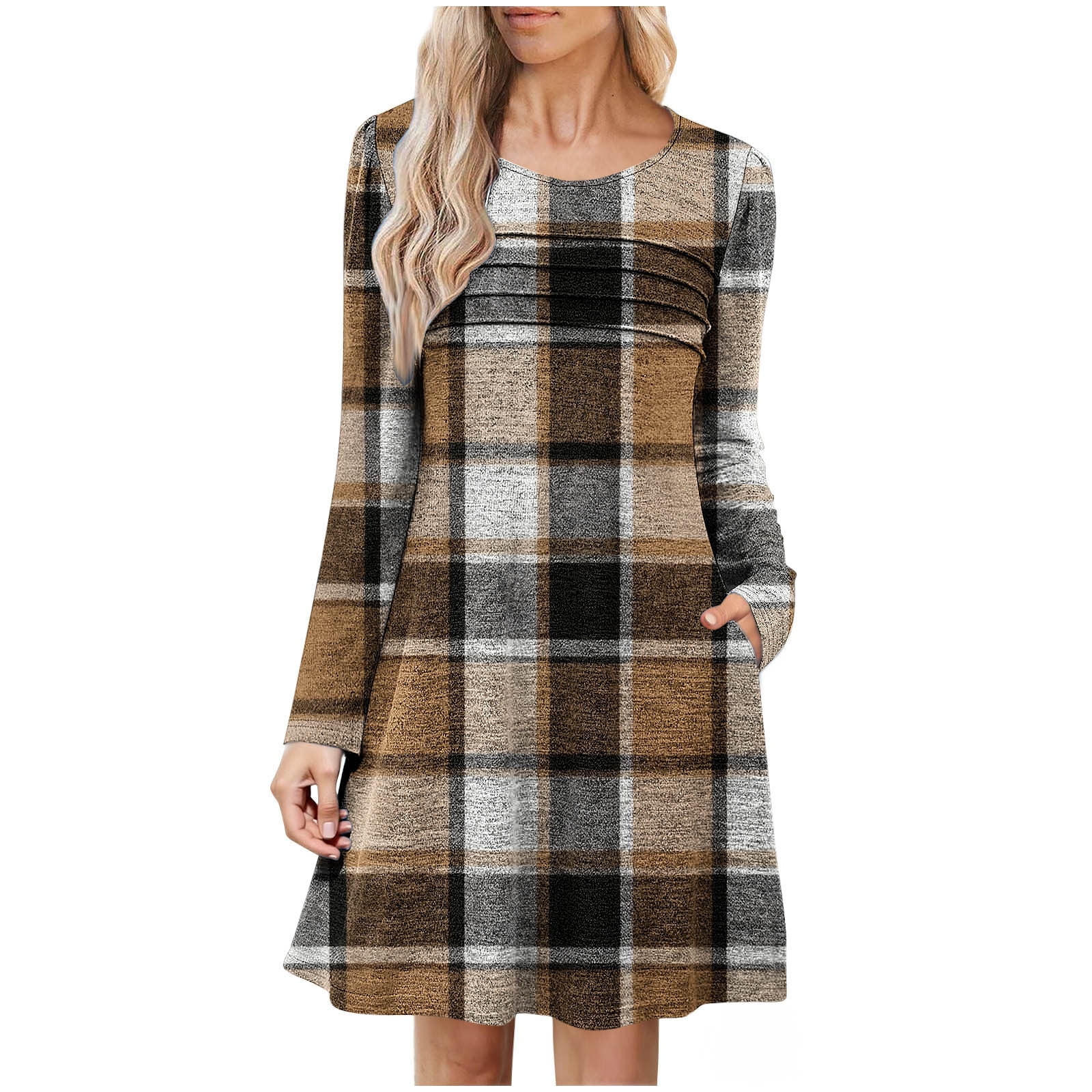 Turilly Winter Dresses for Women Casual Plaid Midi Dress Print Round Neck with PocketsLong Sleeve A Line Dress, Women's, Size: Large