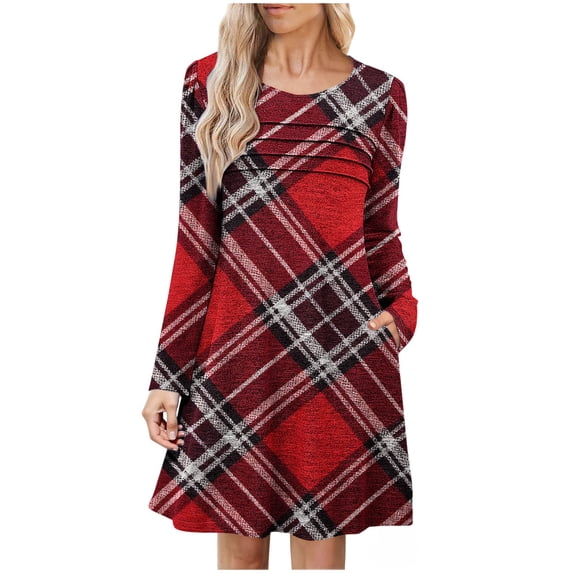 Winter Dresses for Women Casual Plaid Midi Dress Print Round Neck With PocketsLong Sleeve A Line Dress