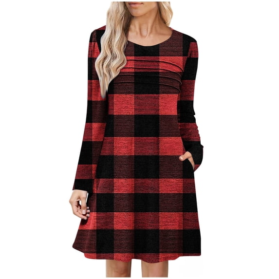 Winter Dresses for Women Casual Print Round Neck With PocketsLong Sleeve Fold Dress Classic Plaid Mi-Length Dress