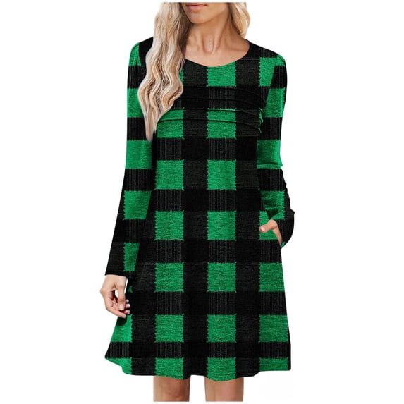 Winter Dresses for Women Casual Print Round Neck With PocketsLong Sleeve Fold Dress Classic Plaid Mi-Length Dress