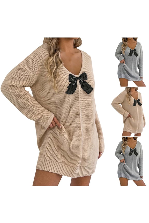 Winter Dresses for Women Deep V Neck Pullover Knit Dress Bow Tie Paneled Sweater Base Layer Drop Shoulder Dress
