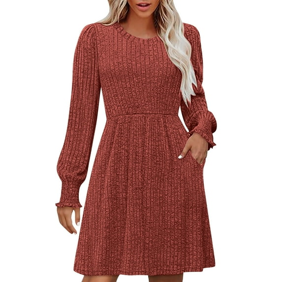 Winter Dresses for Women Fall Sweater Dress Long Sleeve Babydoll Dresses with Pocket Casual Knit Dresses