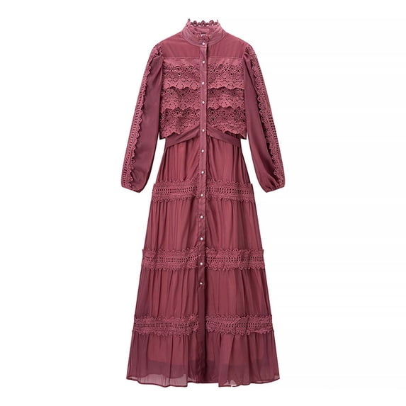 Winter Dresses for Women Lace Wedding Guest Dresses Solid Color Lantern Sleeve Button Round Neck Long Formal Dress