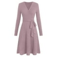 thumbnail image 1 of Winter Dresses for Women Solid Color V Neck Brushed Rib A line Long Sleeve Button Pockets Dress, 1 of 5