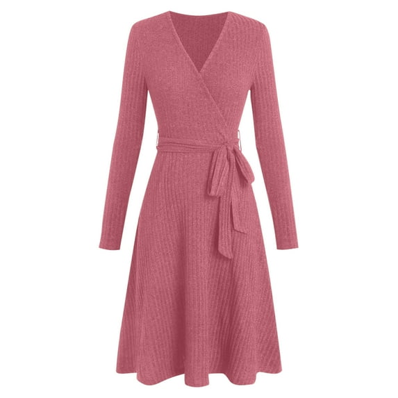 Turilly Women's Fashion Solid Color V-Neck Dress Brushed Rib A-line Long-Sleeve Button Pockets Dress